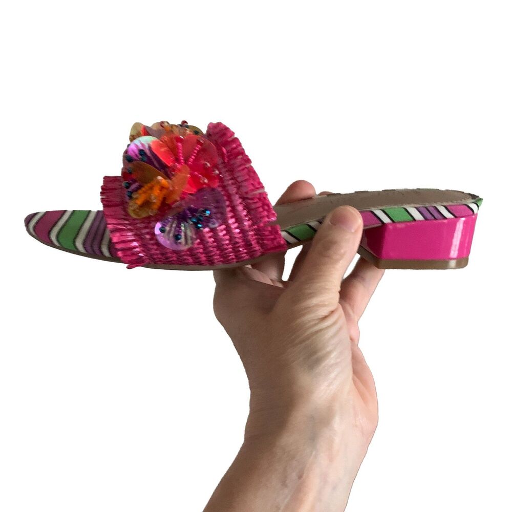 Betsey Johnson Floral Beaded Slide Sandals Pink Striped Size 6 Worn Once - Picture 5 of 6